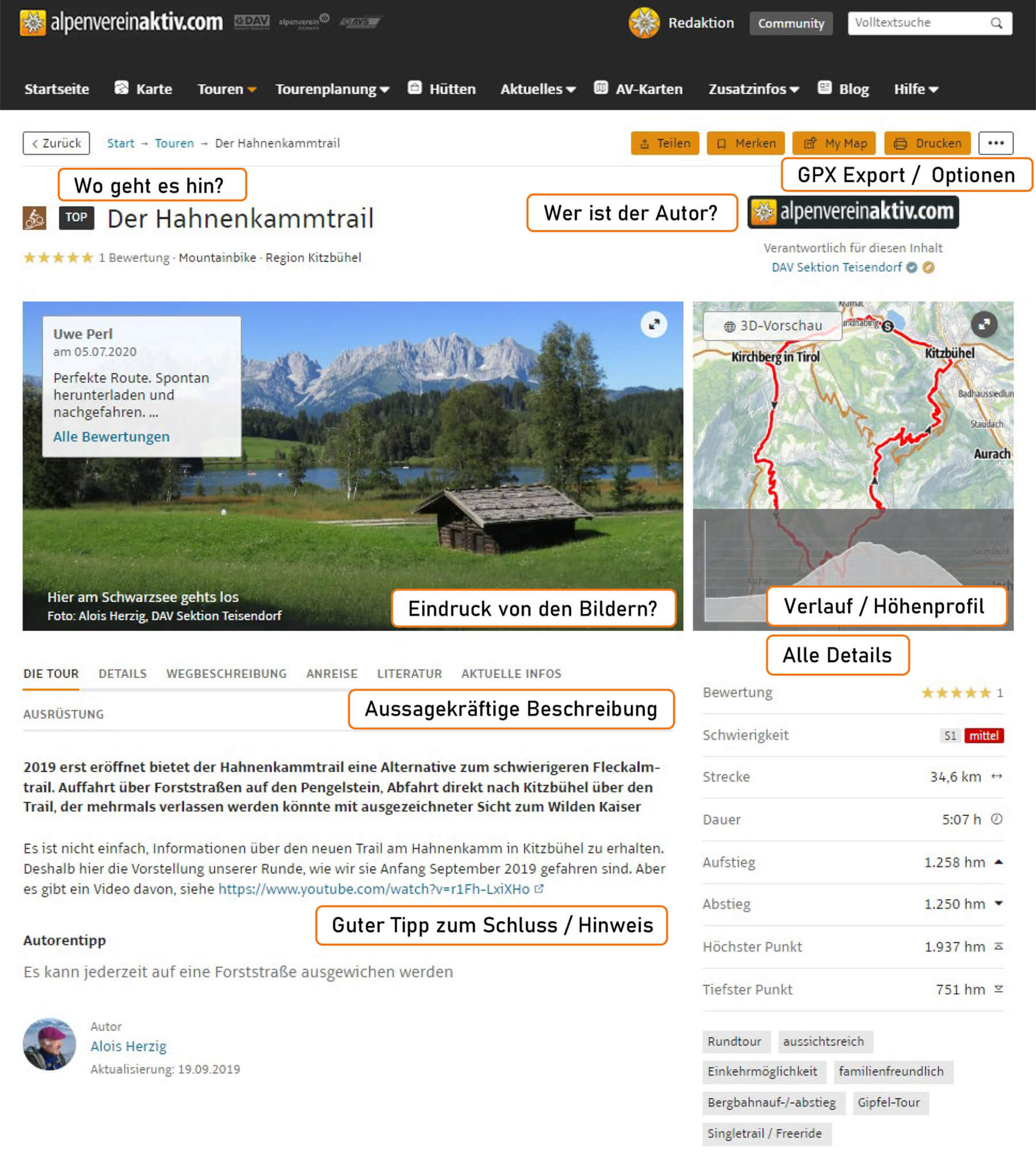 Eine Beispieltour, der Hahnenkammtrail, mit Erklärungen auf alpenvereinaktiv.com