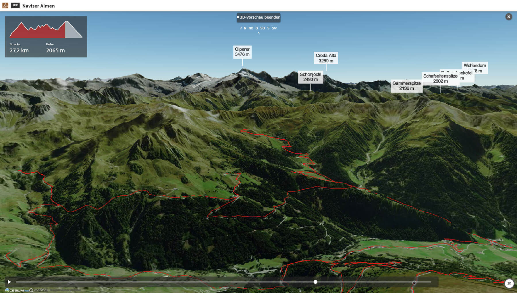 3D-Ansicht einer Tour auf alpenvereinaktiv.com