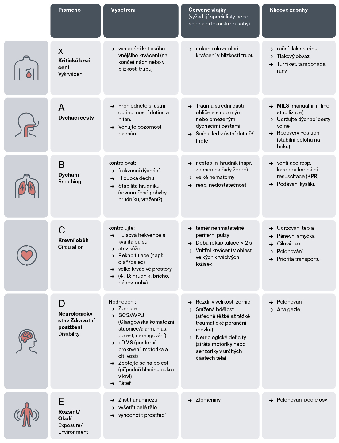 Obr. 1: Adaptované schéma xABCDE pro laickou první pomoc při nehodách v horách. Zdroj: Dahlmann et al.
