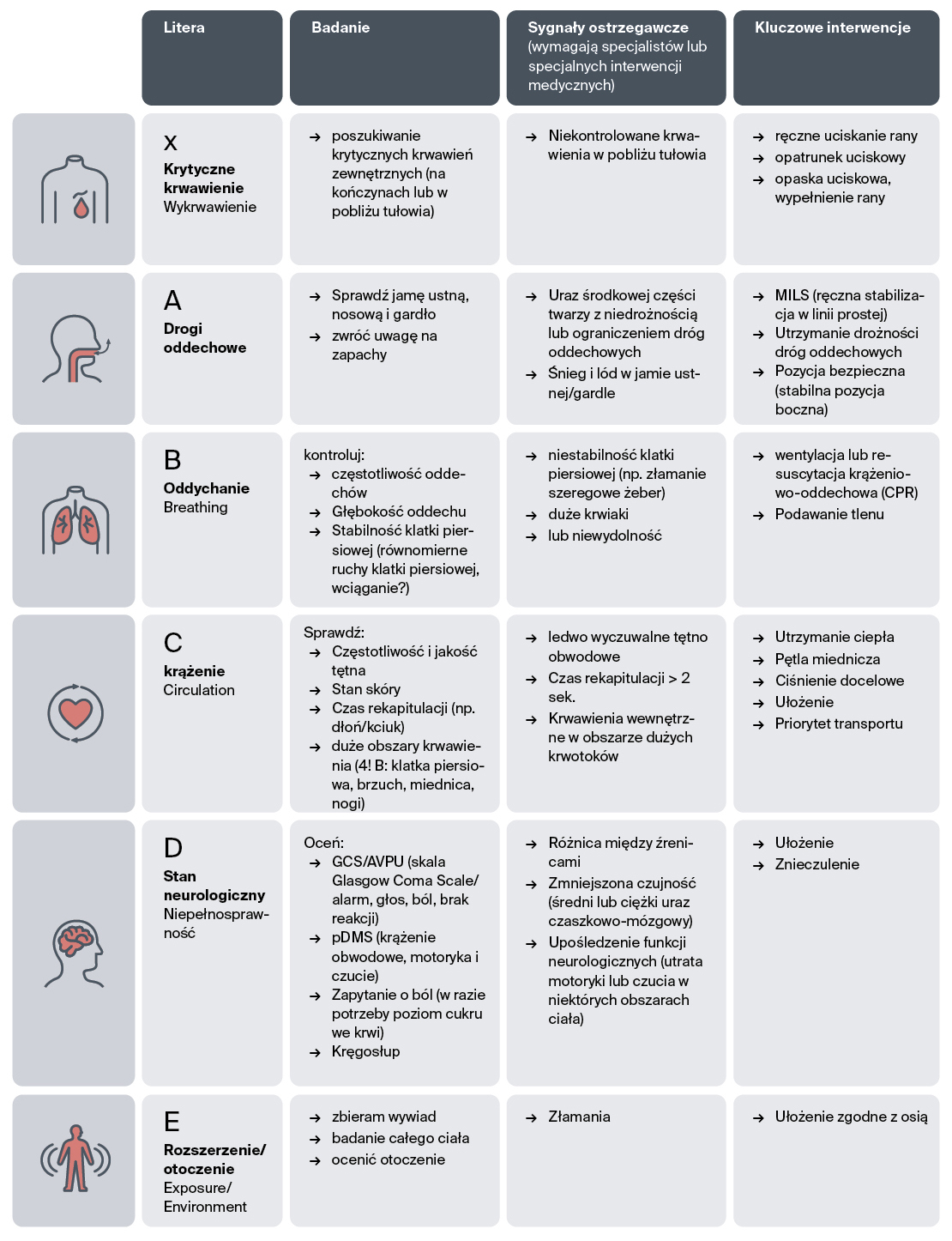 Rys. 1: Zaadaptowany schemat xABCDE dla laików udzielających pierwszej pomocy w wypadkach w górach. Źródło: Dahlmann et al.