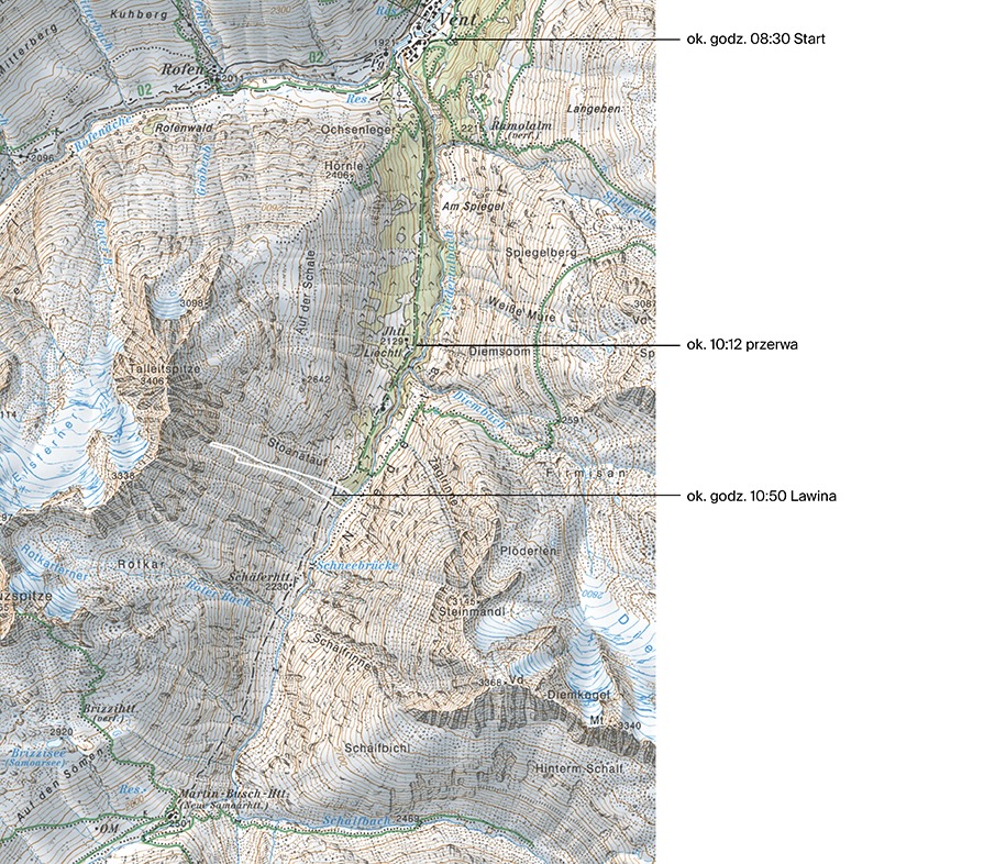 Mapa poglądowa obszaru wypadku: Wjazd przez dolinę Niedertal do schroniska Martin Busch (2.501 m) jest początkiem klasycznego trawersu narciarskiego Ötztal, tak zwanego "Venter Runde". Nocleg w tym schronisku pierwszego dnia jest bardziej spokojną opcją, często kontynuowaną bezpośrednio do schroniska Similaunhütte (3.019 m). Grupa 18 holenderskich narciarzy skitourowych prowadzona przez 4 certyfikowanych przewodników górskich i narciarskich z Tyrolu wyruszyła z Vent (1 900 m) około 8:30 rano 11 kwietnia 2024 r., a ich celem na ten dzień było schronisko Martin Busch. Po tym, jak jeden z uczestników musiał zawrócić z powodu problemów i po krótkiej planowanej przerwie, lawina ruszyła około 10.50 po wschodniej stronie poniżej Talleitspitze (3.406 m). Część grupy narciarskiej została złapana i częściowo lub całkowicie zasypana. Mapa: Federalny Urząd Metrologii i Geodezji | © BEV, CC BY 4.0, data.bev.gv.at